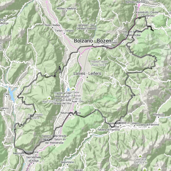 Miniatua del mapa de inspiración ciclista "Ruta de ciclismo de 217 km desde Coredo" en Provincia Autonoma di Trento, Italy. Generado por Tarmacs.app planificador de rutas ciclistas