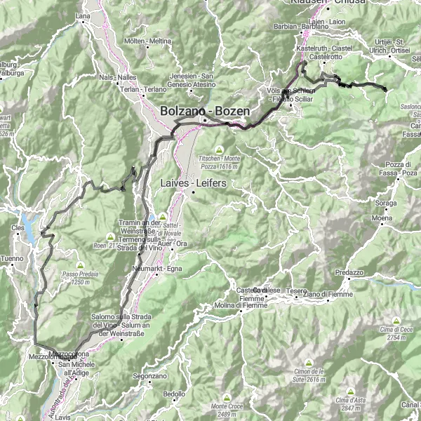 Karttaminiaatyyri "Sanzeno - Völs am Schlern - Segno Loop" pyöräilyinspiraatiosta alueella Provincia Autonoma di Trento, Italy. Luotu Tarmacs.app pyöräilyreittisuunnittelijalla