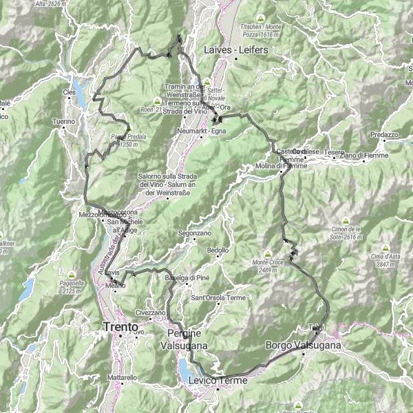Mapa miniatúra "Epický okruh dolinou Adige" cyklistická inšpirácia v Provincia Autonoma di Trento, Italy. Vygenerované cyklistickým plánovačom trás Tarmacs.app