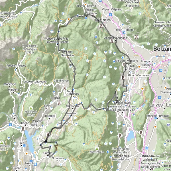Miniatua del mapa de inspiración ciclista "Ruta de los Santuarios y Miradores" en Provincia Autonoma di Trento, Italy. Generado por Tarmacs.app planificador de rutas ciclistas