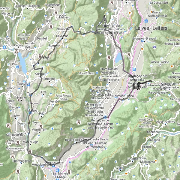 Miniatura mapy "Trasa w okolicach Coredo - Sanzeno - Ronzone - Penegal - Kalterer See - Castelfeder - Margreid an der Weinstraße - Mezzocorona - Monte Corno - Taio" - trasy rowerowej w Provincia Autonoma di Trento, Italy. Wygenerowane przez planer tras rowerowych Tarmacs.app