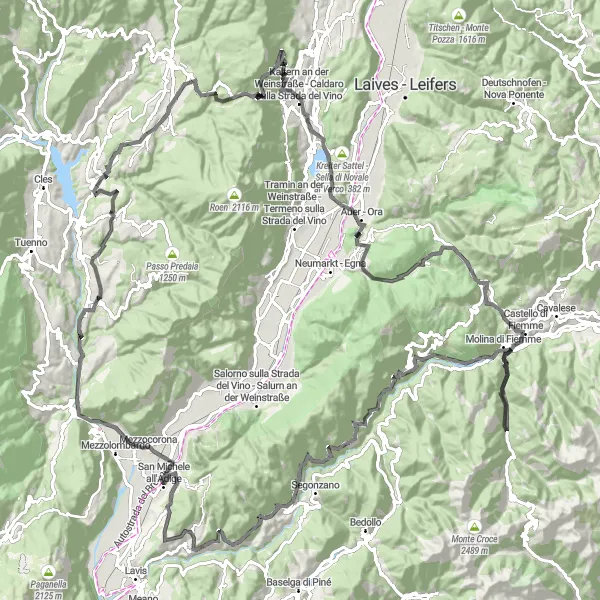Kartminiatyr av "Fantastiska Dolomiterna Road Trip" cykelinspiration i Provincia Autonoma di Trento, Italy. Genererad av Tarmacs.app cykelruttplanerare