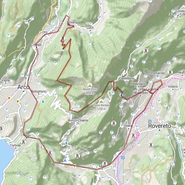 Map miniature of "Scenic Gravel Route through Drena and Monte Ben" cycling inspiration in Provincia Autonoma di Trento, Italy. Generated by Tarmacs.app cycling route planner