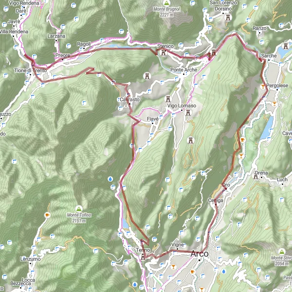 Miniaturní mapa "Gravelový okruh okolo Dro" inspirace pro cyklisty v oblasti Provincia Autonoma di Trento, Italy. Vytvořeno pomocí plánovače tras Tarmacs.app