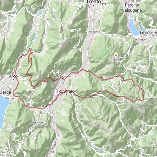 Miniatua del mapa de inspiración ciclista "Ruta de Ciclismo de Grava de 119km cerca de Dro" en Provincia Autonoma di Trento, Italy. Generado por Tarmacs.app planificador de rutas ciclistas