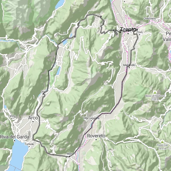 Miniature de la carte de l'inspiration cycliste "La Route des Châteaux de Trentino en Vélo de Route" dans la Provincia Autonoma di Trento, Italy. Générée par le planificateur d'itinéraire cycliste Tarmacs.app