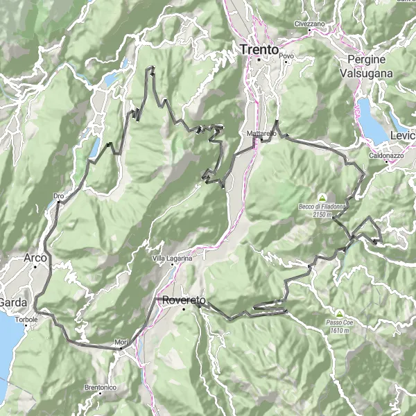Miniature de la carte de l'inspiration cycliste "L'aventure des Montagnes de Trentino en Vélo de Route" dans la Provincia Autonoma di Trento, Italy. Générée par le planificateur d'itinéraire cycliste Tarmacs.app