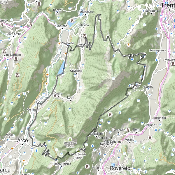 Karten-Miniaturansicht der Radinspiration "Abenteuerliche Straßenfahrt um Dro" in Provincia Autonoma di Trento, Italy. Erstellt vom Tarmacs.app-Routenplaner für Radtouren