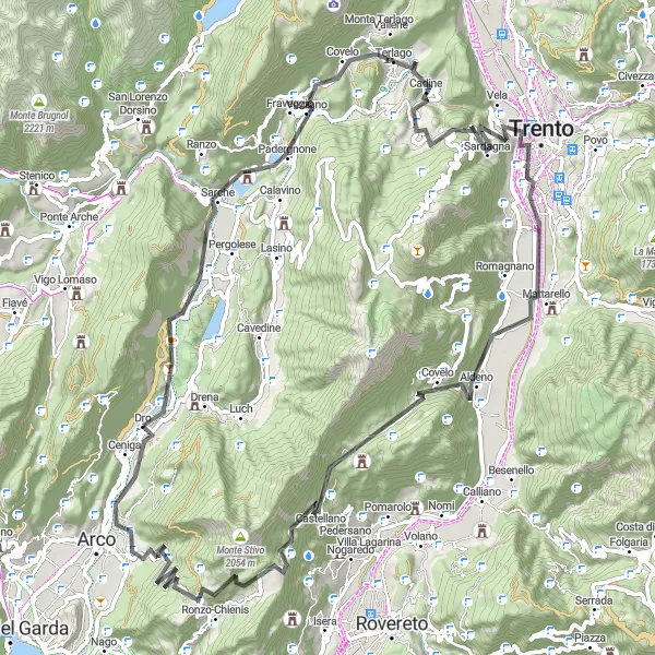 Map miniature of "Thrilling Road Cycling Route through Trento and Castellano" cycling inspiration in Provincia Autonoma di Trento, Italy. Generated by Tarmacs.app cycling route planner