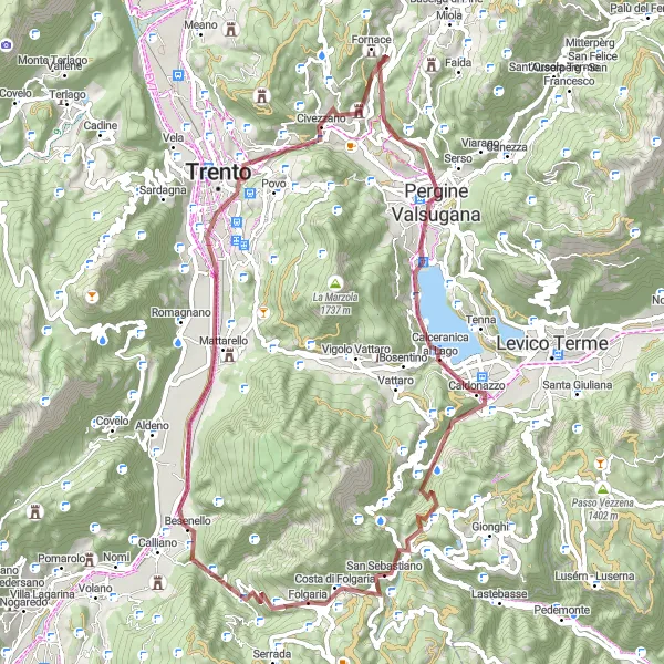 Miniatua del mapa de inspiración ciclista "Aventura en Bicicleta por los Caminos de Grava de Trento" en Provincia Autonoma di Trento, Italy. Generado por Tarmacs.app planificador de rutas ciclistas