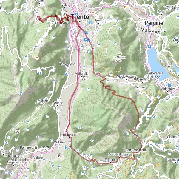 Mapa miniatúra "Gravel do Mattarello" cyklistická inšpirácia v Provincia Autonoma di Trento, Italy. Vygenerované cyklistickým plánovačom trás Tarmacs.app