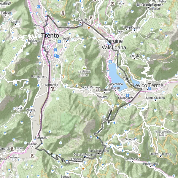 Miniatua del mapa de inspiración ciclista "Ruta de Ciclismo por la Provincia Autónoma de Trento" en Provincia Autonoma di Trento, Italy. Generado por Tarmacs.app planificador de rutas ciclistas