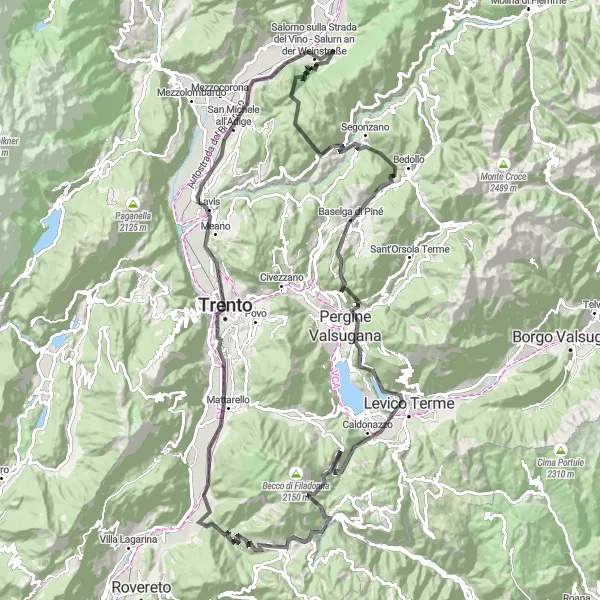 Kartminiatyr av "Landeveistur gjennom Trentino-Alto Adige" sykkelinspirasjon i Provincia Autonoma di Trento, Italy. Generert av Tarmacs.app sykkelrutoplanlegger