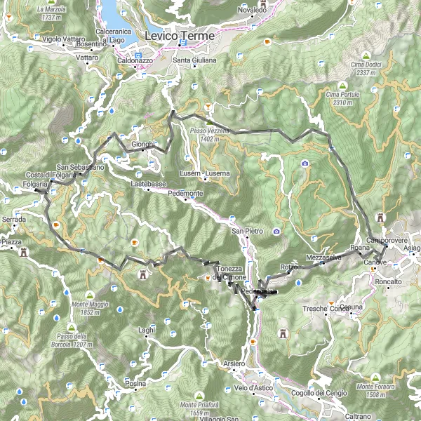 Miniatura della mappa di ispirazione al ciclismo "La Strada verso Tonezza del Cimone" nella regione di Provincia Autonoma di Trento, Italy. Generata da Tarmacs.app, pianificatore di rotte ciclistiche