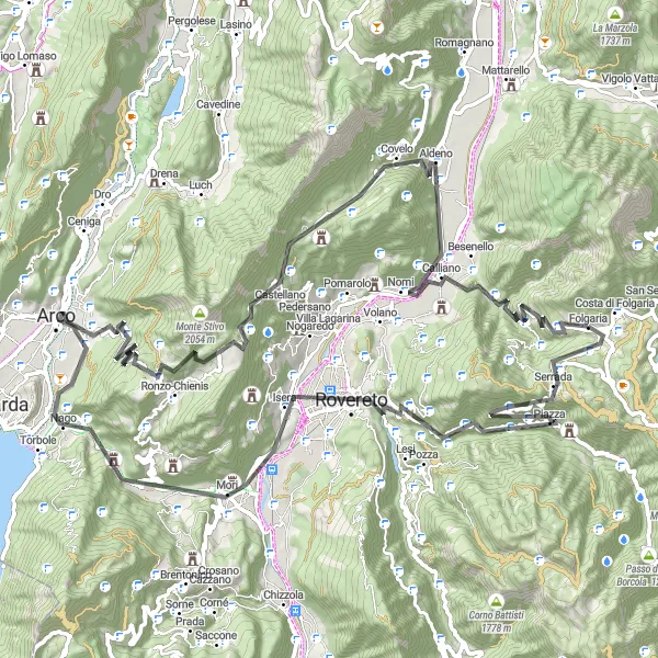 Map miniature of "Road Cycling Challenge of Rovereto" cycling inspiration in Provincia Autonoma di Trento, Italy. Generated by Tarmacs.app cycling route planner