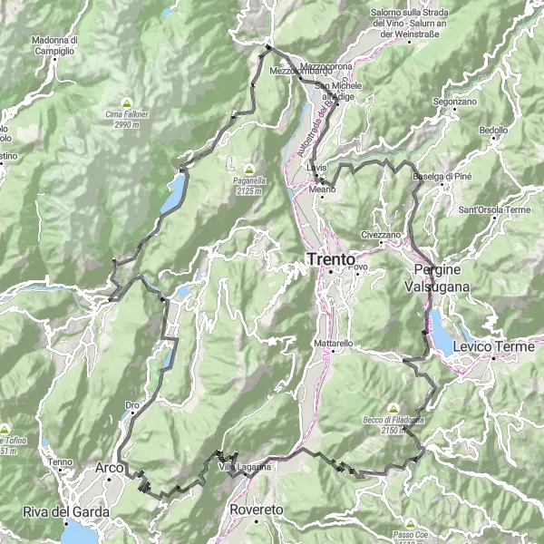 Miniatura della mappa di ispirazione al ciclismo "Dai Dolomiti al Monte Corno" nella regione di Provincia Autonoma di Trento, Italy. Generata da Tarmacs.app, pianificatore di rotte ciclistiche