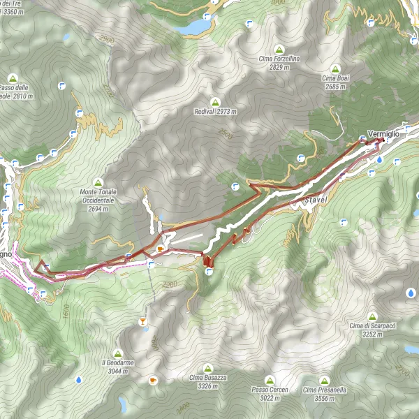 Map miniature of "Scenic Gravel Loop: Fraviano to Passo del Tonale" cycling inspiration in Provincia Autonoma di Trento, Italy. Generated by Tarmacs.app cycling route planner