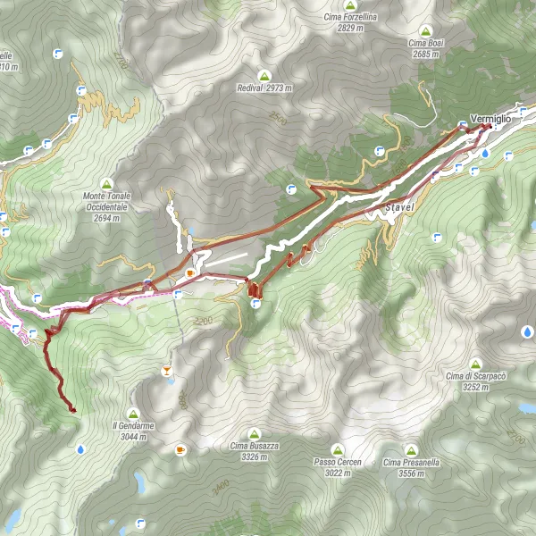 Karttaminiaatyyri "Vermiglio - Passo del Tonale - Pizzano" pyöräilyinspiraatiosta alueella Provincia Autonoma di Trento, Italy. Luotu Tarmacs.app pyöräilyreittisuunnittelijalla