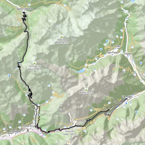 Kartminiatyr av "Fraviano til Santa Caterina via Passo del Tonale og Monte Gaviola" sykkelinspirasjon i Provincia Autonoma di Trento, Italy. Generert av Tarmacs.app sykkelrutoplanlegger