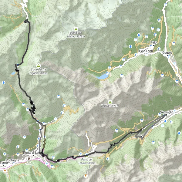 Karttaminiaatyyri "Pizzano - Passo del Tonale - Precasaglio - Monte Gaviola - Pezzo - Stavel" pyöräilyinspiraatiosta alueella Provincia Autonoma di Trento, Italy. Luotu Tarmacs.app pyöräilyreittisuunnittelijalla