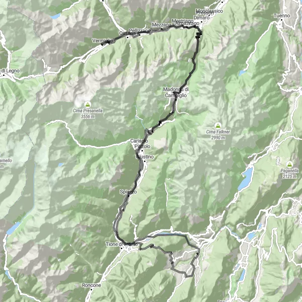 Zemljevid v pomanjšavi "Krožna pot okoli Fraviana" kolesarske inspiracije v Provincia Autonoma di Trento, Italy. Generirano z načrtovalcem kolesarskih poti Tarmacs.app