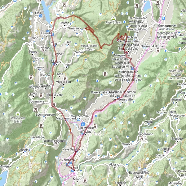 Karttaminiaatyyri "Kiehtova kierros - Mezzolombardon halki Monte Cornolle" pyöräilyinspiraatiosta alueella Provincia Autonoma di Trento, Italy. Luotu Tarmacs.app pyöräilyreittisuunnittelijalla