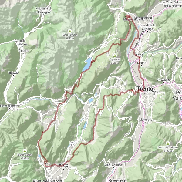 Miniatua del mapa de inspiración ciclista "Ruta a Monte Corno" en Provincia Autonoma di Trento, Italy. Generado por Tarmacs.app planificador de rutas ciclistas