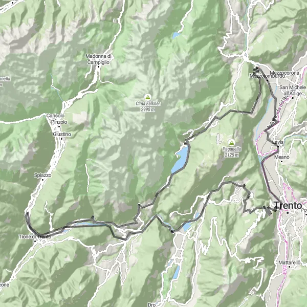 Zemljevid v pomanjšavi "Raziskovanje okoli Lavisa" kolesarske inspiracije v Provincia Autonoma di Trento, Italy. Generirano z načrtovalcem kolesarskih poti Tarmacs.app