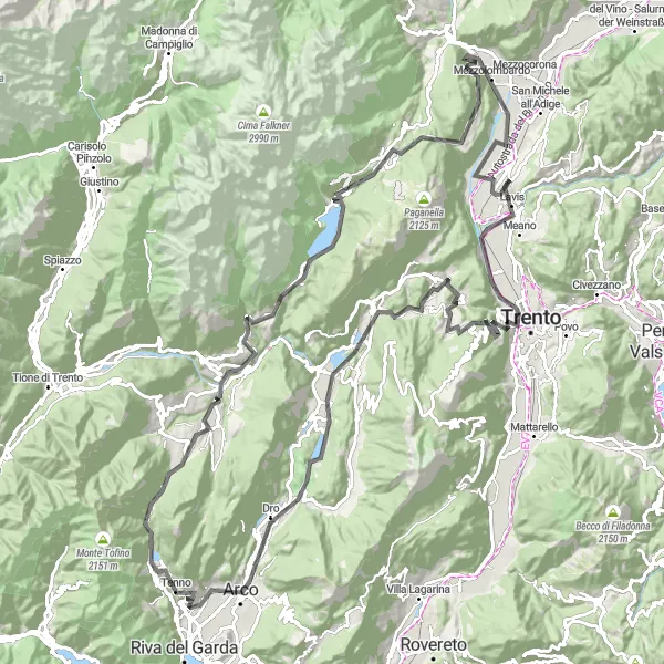 Miniatura della mappa di ispirazione al ciclismo "Giro delle Dolomiti Trentine" nella regione di Provincia Autonoma di Trento, Italy. Generata da Tarmacs.app, pianificatore di rotte ciclistiche