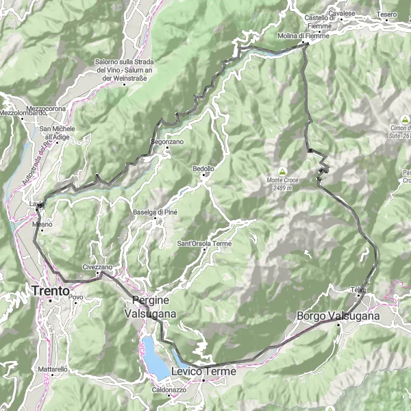 Kartminiatyr av "Monte Speggia til Meano Road Cycle Route" sykkelinspirasjon i Provincia Autonoma di Trento, Italy. Generert av Tarmacs.app sykkelrutoplanlegger