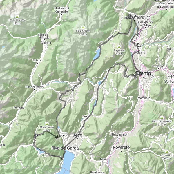 Mapa miniatúra "Okruh cez Trentino na ceste" cyklistická inšpirácia v Provincia Autonoma di Trento, Italy. Vygenerované cyklistickým plánovačom trás Tarmacs.app