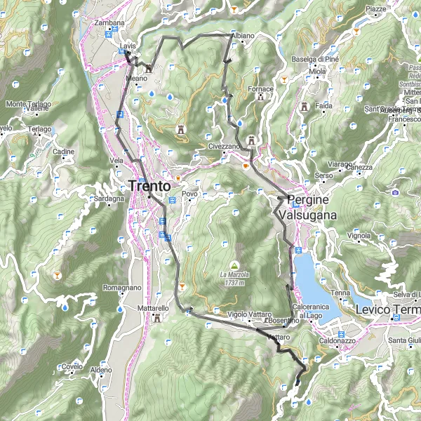 Miniatua del mapa de inspiración ciclista "Ruta a Albiano" en Provincia Autonoma di Trento, Italy. Generado por Tarmacs.app planificador de rutas ciclistas