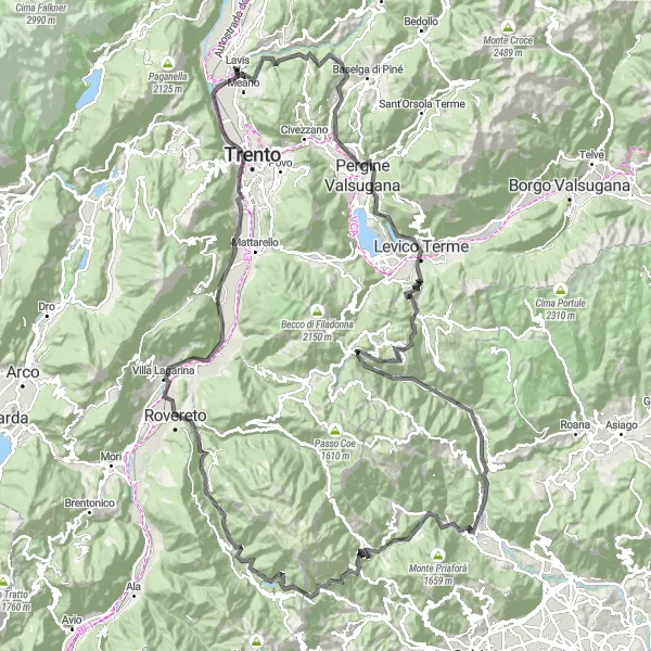 Kartminiatyr av "Rutten till Passo del Cost och Pian delle Fugazze" cykelinspiration i Provincia Autonoma di Trento, Italy. Genererad av Tarmacs.app cykelruttplanerare