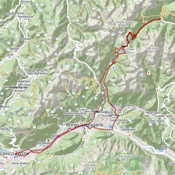 Miniaturní mapa "Gravelová cyklotrasa Levico Terme - Castel Selva" inspirace pro cyklisty v oblasti Provincia Autonoma di Trento, Italy. Vytvořeno pomocí plánovače tras Tarmacs.app