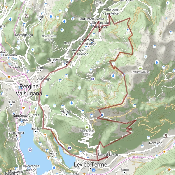 Miniaturní mapa "Gravelová cyklotrasa Levico Terme - San Francesco" inspirace pro cyklisty v oblasti Provincia Autonoma di Trento, Italy. Vytvořeno pomocí plánovače tras Tarmacs.app