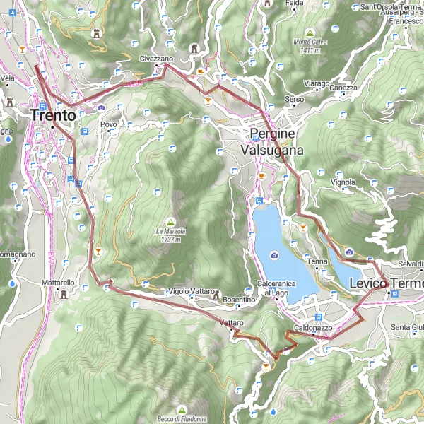 Mapa miniatúra "Gravelová cesta okolo Lago di Levico" cyklistická inšpirácia v Provincia Autonoma di Trento, Italy. Vygenerované cyklistickým plánovačom trás Tarmacs.app