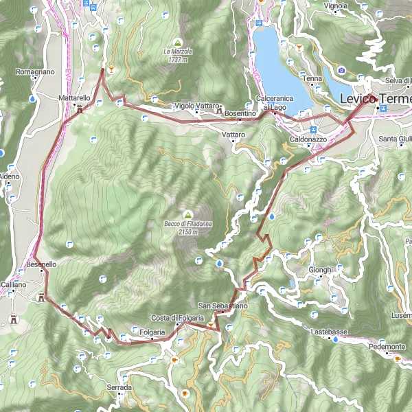 Zemljevid v pomanjšavi "Gravel Pot okrog Levico Terme" kolesarske inspiracije v Provincia Autonoma di Trento, Italy. Generirano z načrtovalcem kolesarskih poti Tarmacs.app