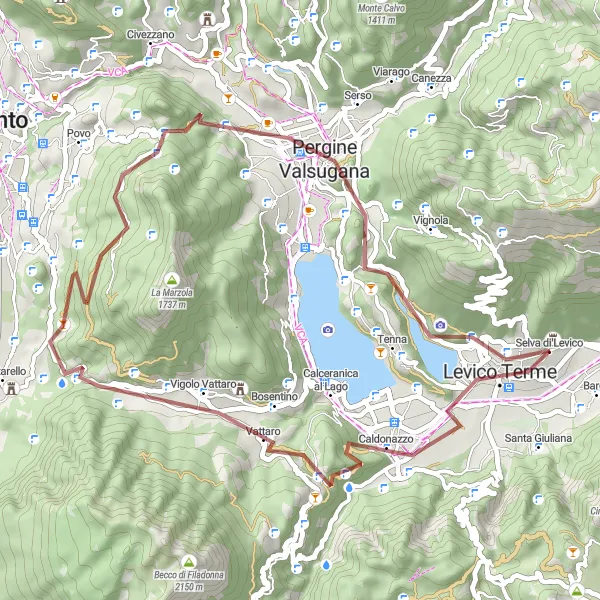 Miniatura della mappa di ispirazione al ciclismo "Giro in Gravel attraverso Caldonazzo e Bosentino" nella regione di Provincia Autonoma di Trento, Italy. Generata da Tarmacs.app, pianificatore di rotte ciclistiche