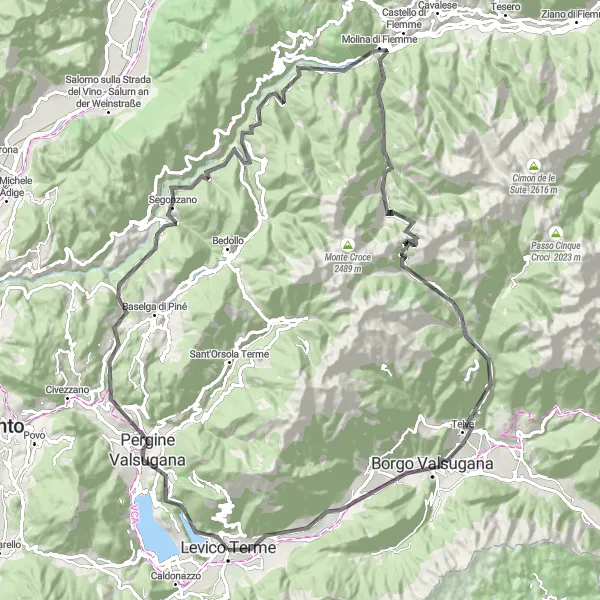 Miniaturní mapa "Náročný výlet na kole kolem Levico Terme - Road" inspirace pro cyklisty v oblasti Provincia Autonoma di Trento, Italy. Vytvořeno pomocí plánovače tras Tarmacs.app