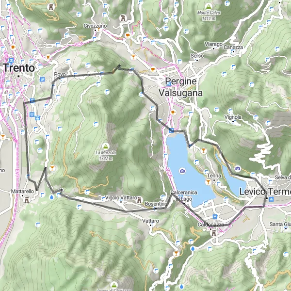 Miniature de la carte de l'inspiration cycliste "Boucle routière de 46 km avec 1194 m de dénivelé à proximité de Levico Terme" dans la Provincia Autonoma di Trento, Italy. Générée par le planificateur d'itinéraire cycliste Tarmacs.app