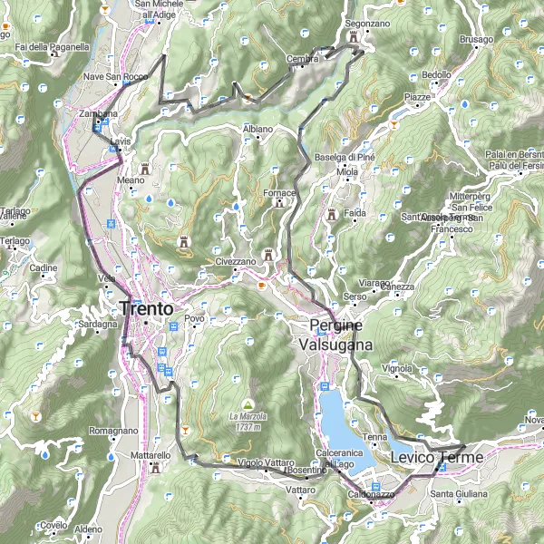 Miniature de la carte de l'inspiration cycliste "Tour Panoramique de la Vallée de Trento" dans la Provincia Autonoma di Trento, Italy. Générée par le planificateur d'itinéraire cycliste Tarmacs.app