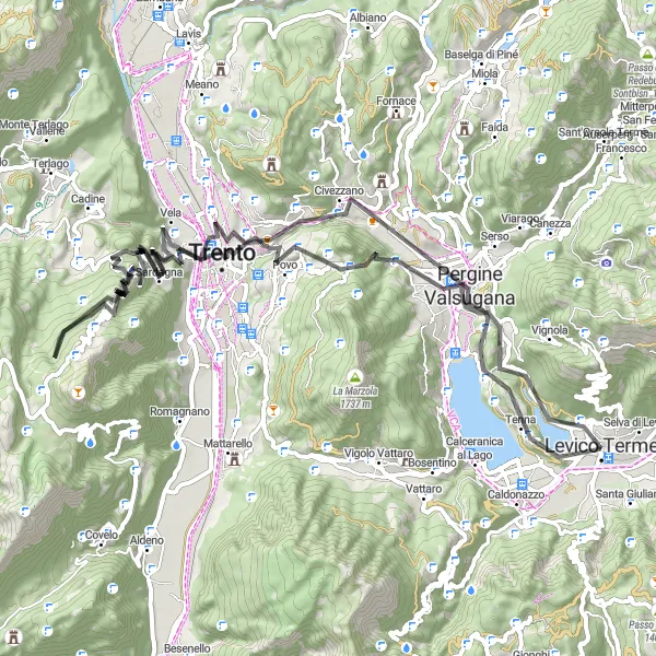 Miniatua del mapa de inspiración ciclista "Ruta en Carretera a través de Trento y Pergine Valsugana" en Provincia Autonoma di Trento, Italy. Generado por Tarmacs.app planificador de rutas ciclistas