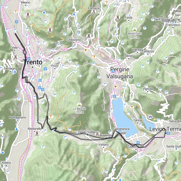 Miniatuurkaart van de fietsinspiratie "Mattarello Road Cycling Route" in Provincia Autonoma di Trento, Italy. Gemaakt door de Tarmacs.app fietsrouteplanner