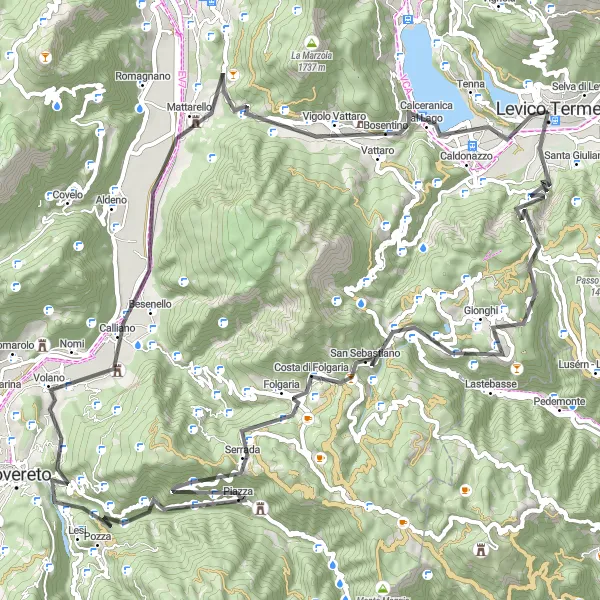 Mapa miniatúra "Okruh cez Passo del Cost a Folgariu" cyklistická inšpirácia v Provincia Autonoma di Trento, Italy. Vygenerované cyklistickým plánovačom trás Tarmacs.app