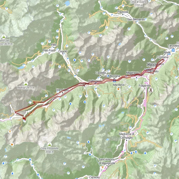 Mapa miniatúra "Gravel cyklotrasa Pellizzano - Croviana" cyklistická inšpirácia v Provincia Autonoma di Trento, Italy. Vygenerované cyklistickým plánovačom trás Tarmacs.app