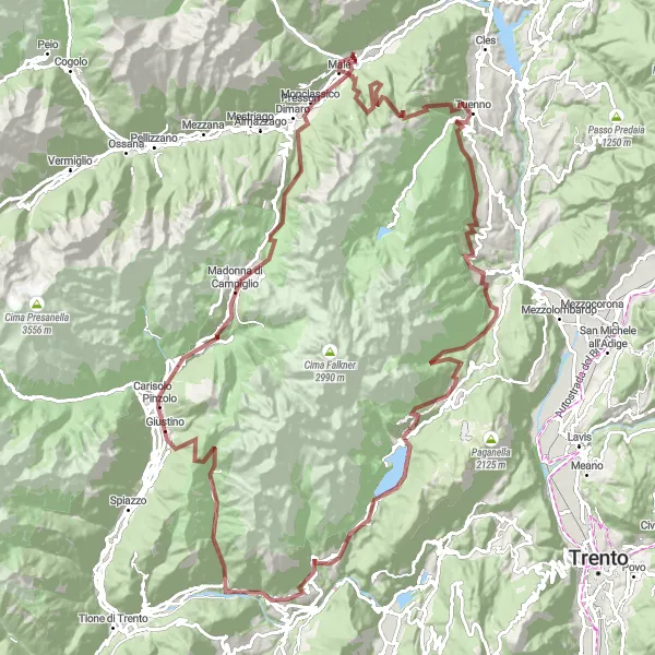 Miniatua del mapa de inspiración ciclista "Ruta por Grava a Terzolas y Madonna di Campiglio" en Provincia Autonoma di Trento, Italy. Generado por Tarmacs.app planificador de rutas ciclistas