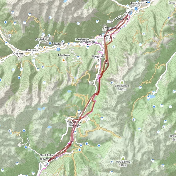 Mapa miniatúra "Gravel okruh cez Carciato a Madonna di Campiglio" cyklistická inšpirácia v Provincia Autonoma di Trento, Italy. Vygenerované cyklistickým plánovačom trás Tarmacs.app