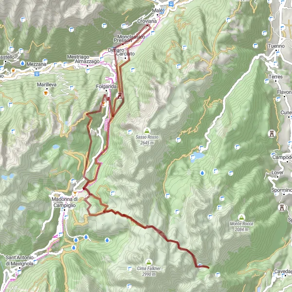 Map miniature of "Malè to Passo del Grostè" cycling inspiration in Provincia Autonoma di Trento, Italy. Generated by Tarmacs.app cycling route planner