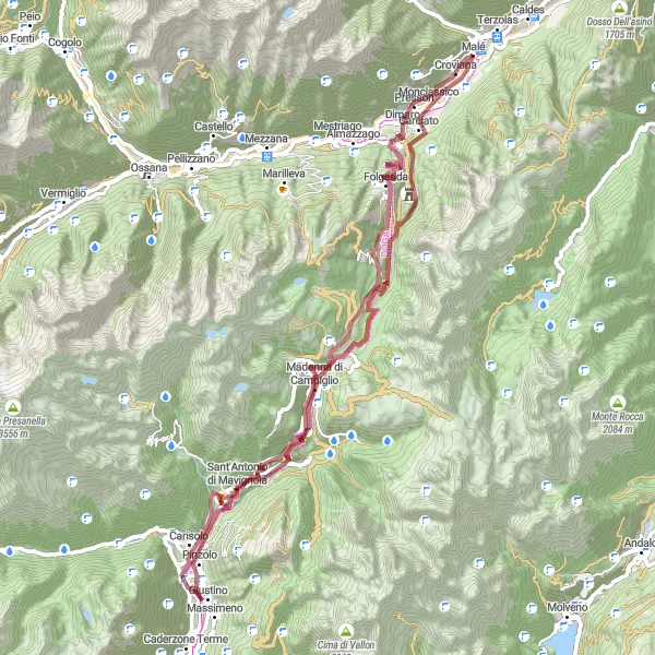 Miniatura della mappa di ispirazione al ciclismo "Corsa Gravel tra Pinzolo e Croviana" nella regione di Provincia Autonoma di Trento, Italy. Generata da Tarmacs.app, pianificatore di rotte ciclistiche