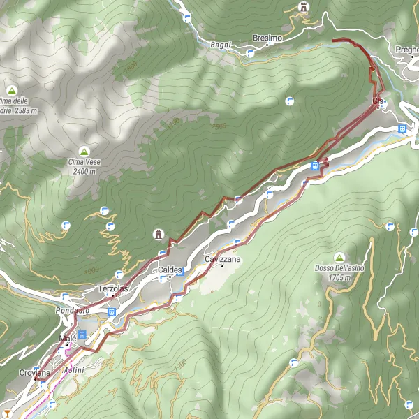 Miniatura della mappa di ispirazione al ciclismo "Giro in bicicletta da Malè - Gravel" nella regione di Provincia Autonoma di Trento, Italy. Generata da Tarmacs.app, pianificatore di rotte ciclistiche